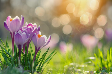 Purple crocus in fresh green grass. Spring flowers, sunshine