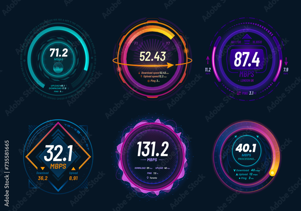 Poster Internet speed test and 5G speedometer dashboard, futuristic digital neon dials, vector gauge. Internet traffic fast test meter of digital network and website connection for download or upload Mbps