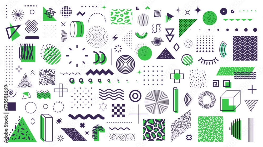 Poster abstract geometric memphis green shape and minimal line figures, vector elements. memphis pattern sh