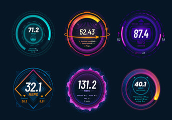 Internet speed test and 5G speedometer dashboard, futuristic digital neon dials, vector gauge. Internet traffic fast test meter of digital network and website connection for download or upload Mbps - obrazy, fototapety, plakaty