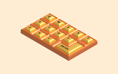 Metallic 3d keyboard design. Realistic orange keys illustration. Keyboard design for pc, laptop, or other technology related illustration.
