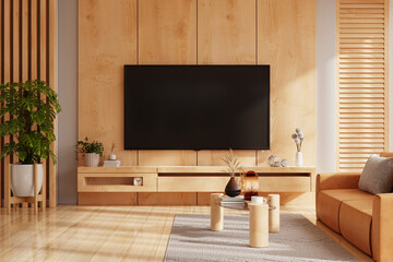 Wooden wall mounted tv on cabinet in living room with leather sofa and decor accessories,minimal design - 735582605