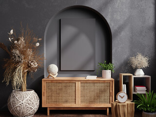 Mockup frame on cabinet in living room interior on empty dark wall background - 735582618