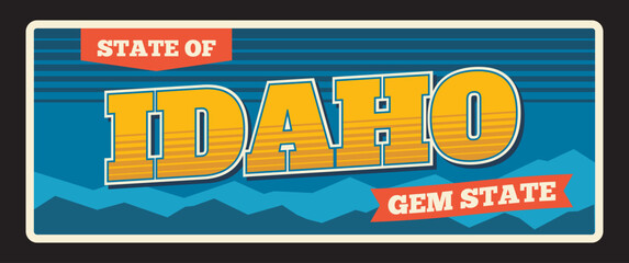 Idaho USA state metal plate, retro typography gem state lettering. Boise capital, Ada city signpost. Vector road sign, signpost or car. United States of America vintage board