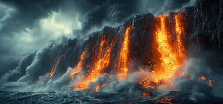 Closeup of liquid lava bursting out of a fissure in the flank of a volcano resembling a fiery waterfall.