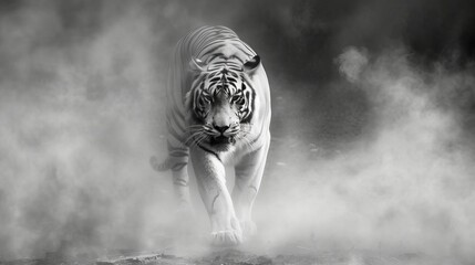 Captivating White Tiger Moving Through Dense Fog AI Generated.