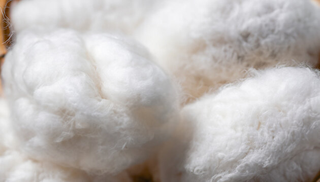 Natural cotton wool as background; macro fluffy texture; selective blur