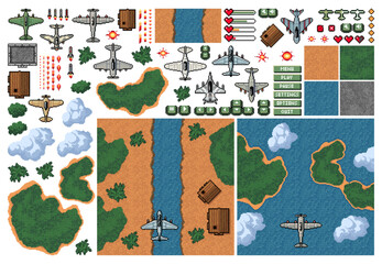 8bit pixel arcade game of fight plane, 2D top view of flight bomber and fighter plane, vector elements. Air flight landscape environment, health and life symbols for air combat game in 8 bit pixels