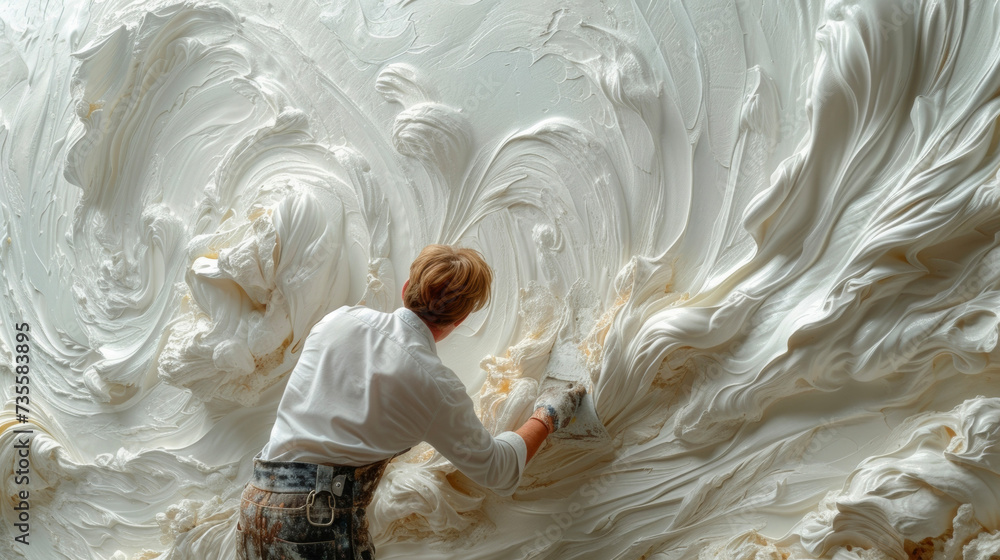 Poster a skilled craftsman applying a swirling patterned texture to a white plaster wall transforming the o