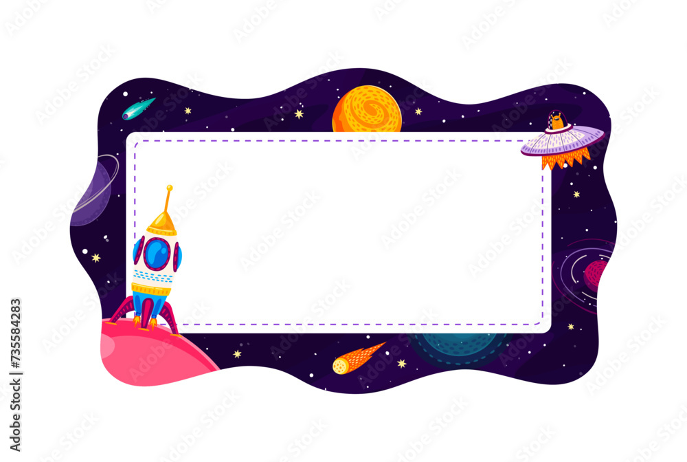 Poster cartoon galaxy space kid frame or border with ufo saucer, rocket, planets and falling comets. vector