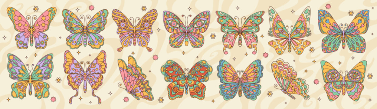 Retro groovy butterfly set, cartoon hippie art print, vector vintage decoration. Groovy butterflies with colorful ornament on wings with flower, star and heart pattern, summer hippie or funky moth