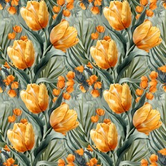 spring floral seamless pattern of yellow tulips, in watercolor style, a combination of yellow, green and beige.  For the design of printed products, for printing on fabric