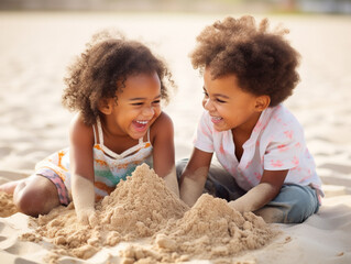 Close-up of two black toddlers, a boy and a girl, having fun playing together in the sand at the beach.  They are smiling and giggling.