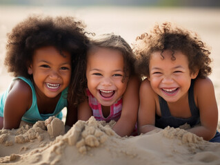 Close-up of three multi-ethnic toddler girls having fun playing in the sand together at the beach.  They are looking at the camera, smiling and giggling.