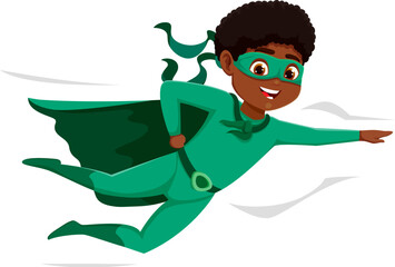Cartoon kid superhero character. Isolated vector black, lively, flying boy in a green superhero costume, exudes youthful energy with a cape fluttering in the wind, ready for imaginative adventures © Vector Tradition