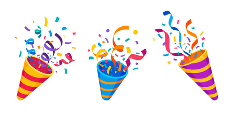 Birthday party popper cone firecracker with confetti and ribbons, cartoon vector icons. Holiday, carnival or festival and celebration pop cracker or party popper cone with stripes and stars confetti