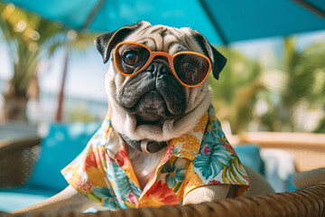 Sunglass Savvy Pug: Tropical Getaway - Cute Dog Animal made with Generative AI    