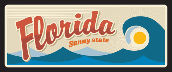 Florida sunny state metal vintage travel plate. Tallahassee capital, Jacksonville city tin number. Vector USA old, sign, signboard retro typography, blue waves, sun and sunrise or sunset