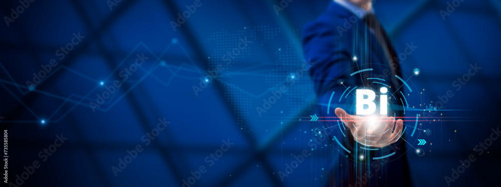 Poster bi: data analysis, insights, strategic decision-making, innovation. businessman holds business intel