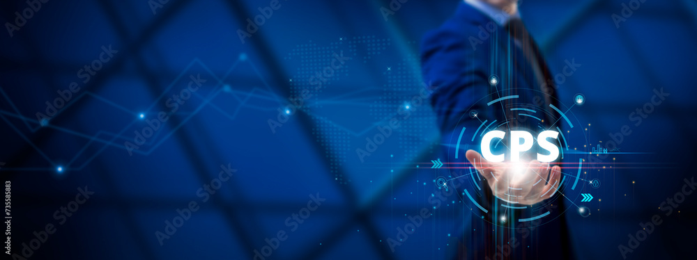 Poster cps: cyber-physical systems, connectivity, integration, automation, businessman hold cps icons on gl