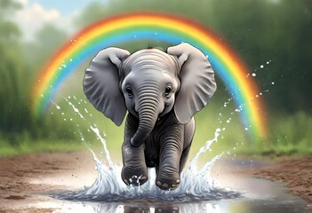 Baby elephants splashing in a peddle with a rainbow overhead 