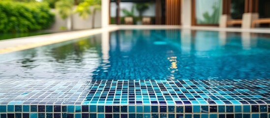 Tranquil blue tile pattern pool surrounded by lush greenery and illuminating natural sunlight - obrazy, fototapety, plakaty