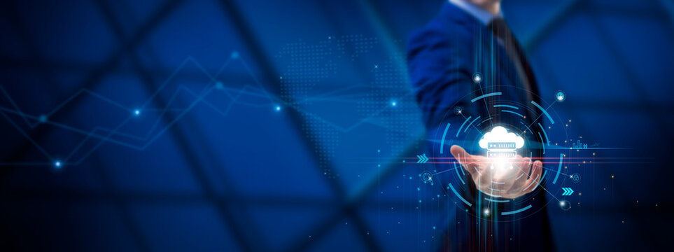 Hosting Telecommunications Services: Infrastructure, Connectivity, Global Reach, Data Management. Businessman holds Hosting Icon on global structure network and Technological interface.