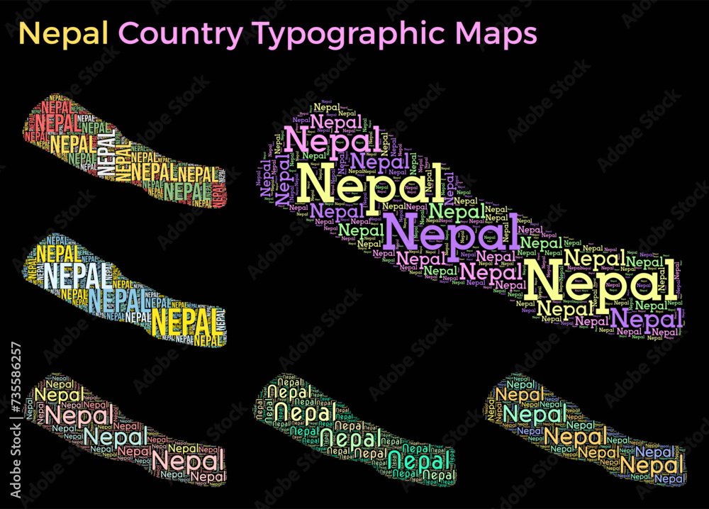 Poster nepal. set of typography style country illustrations. nepal map shape build of horizontal and vertic