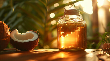 A large glass jar of radiant high quality coconut oil illuminated by warm sunlight - obrazy, fototapety, plakaty