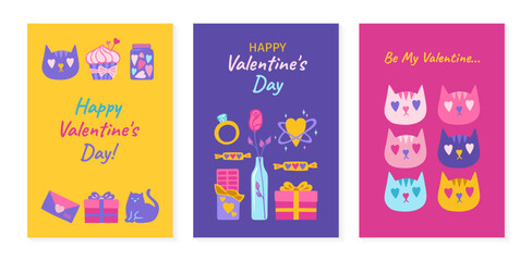 Valentines Day cards set with romantic elements. Cartoon wedding and Valentine love concept posters. Abstract drawings postcard. Happy Valentines Day banner love congratulations vector illustration