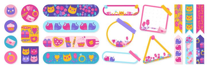 Fototapeta premium Bookmark and sticker stationery set with Valentines Day elements design. Paper book mark template sticky patch. Child badge design for book notepad reminder with romantic drawings Vector illustration