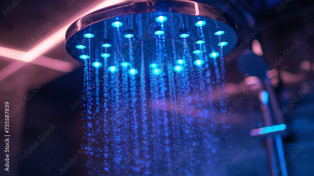 Poster a detailed view of a steam shower system with multiple showerheads and adjustable jets creating a pe