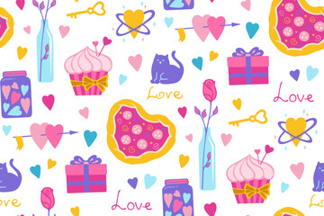 Valentines Day romantic elements seamless pattern. Simple repeating texture hand drawn love design for fabric textile, wrapper backdrop. Cute abstract drawings trendy boundless print background