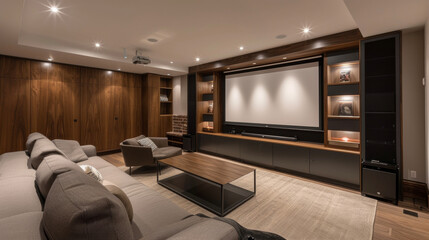 A sleek and modern entertainment room complete with a custombuilt media center and storage unit combining style and functionality for the ultimate movie night experience. - obrazy, fototapety, plakaty