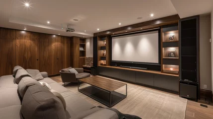 Foto op Plexiglas A sleek and modern entertainment room complete with a custombuilt media center and storage unit combining style and functionality for the ultimate movie night experience. © Justlight
