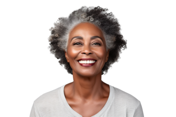 Happy middle aged mature black woman, senior older 50 year lady looking at camera touching her face isolated on white close up face portrait PNG