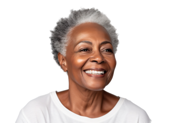 Happy middle aged mature black woman, senior older 50 year lady looking at camera touching her face isolated on white close up face portrait PNG