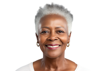 Happy middle aged mature black woman, senior older 50 year lady looking at camera touching her face isolated on white close up face portrait PNG