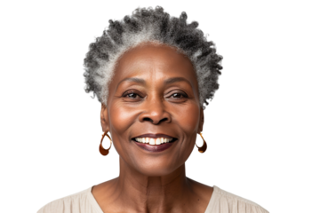 Happy middle aged mature black woman, senior older 50 year lady looking at camera touching her face isolated on white close up face portrait PNG