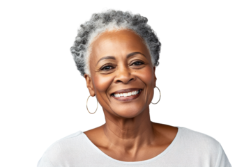 Happy middle aged mature black woman, senior older 50 year lady looking at camera touching her face isolated on white close up face portrait PNG