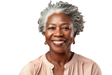 Happy middle aged mature black woman, senior older 50 year lady looking at camera touching her face isolated on white close up face portrait PNG - Powered by Adobe