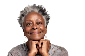 Happy middle aged mature black woman, senior older 50 year lady looking at camera touching her face isolated on white close up face portrait PNG