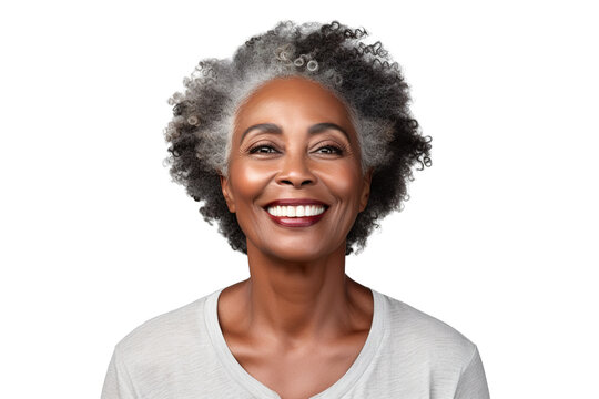 Happy middle aged mature black woman, senior older 50 year lady looking at camera touching her face isolated on white close up face portrait PNG