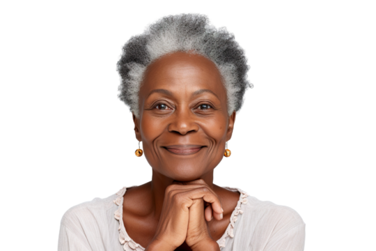 Happy middle aged mature black woman, senior older 50 year lady looking at camera touching her face isolated on white close up face portrait PNG