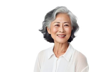 Happy middle aged mature asian woman, senior older 50 year lady looking at camera touching her face isolated on white close up face portrait PNG