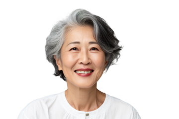 Happy middle aged mature asian woman, senior older 50 year lady looking at camera touching her face isolated on white close up face portrait PNG