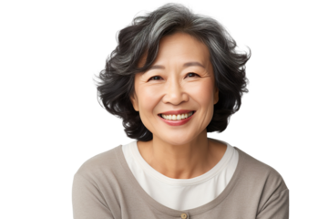 Happy middle aged mature asian woman, senior older 50 year lady looking at camera touching her face isolated on white close up face portrait PNG