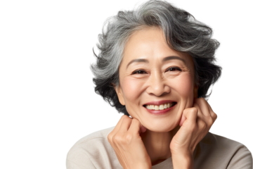 Happy middle aged mature asian woman, senior older 50 year lady looking at camera touching her face isolated on white close up face portrait PNG