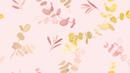 Seamless pattern, colorful pastel Eucalyptus cinerea leaves on pink background - 735589467
