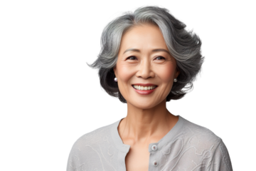 Happy middle aged mature asian woman, senior older 50 year lady looking at camera touching her face isolated on white close up face portrait PNG